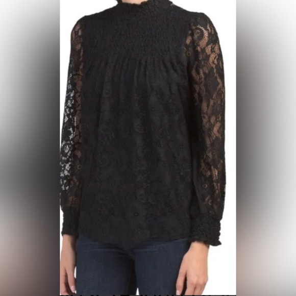 Cable & Gauge Black Lace Long Sleeve High Neck Blouse Elegant - Picture 2 of 12